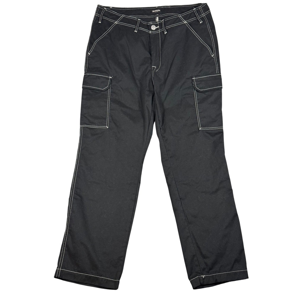 True Religion Cargo Pants Mens 36 Black Contrast Stitch Straight Leg Horseshoe